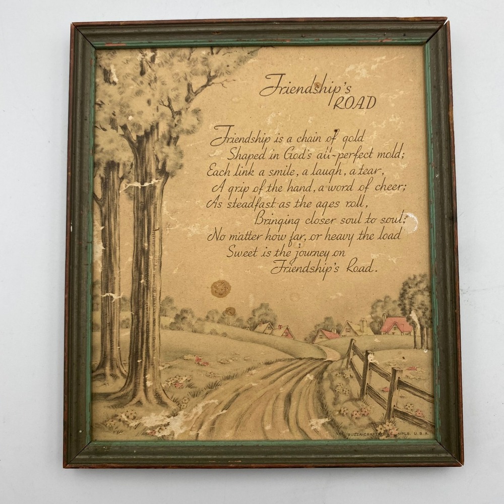 Vintage 1938 Buzza Company Friendships Road Framed Poem Country Landscape Art